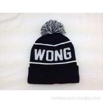Black Cuffed Knitted Beanie Hats with Pom Pom Ball Top and